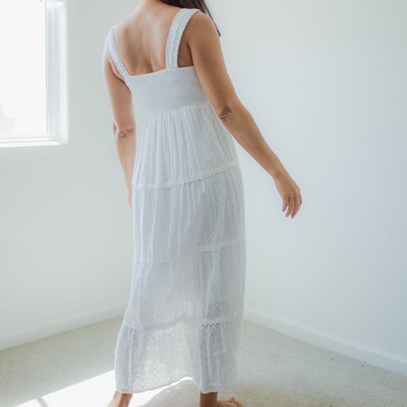 MAGIC WHITE 100% COTTON CROCHET & EYELET FLOWY SLEEVELESS V-NECK MAXI DRESS M - Picture 5 of 9